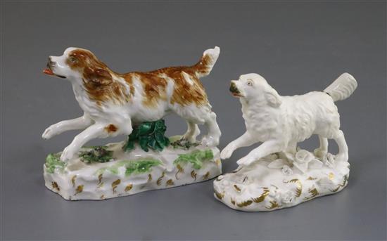 A Rockingham porcelain figure of a springer spaniel, c.1830 and a Samson copy, L. 8.5cm and 10.5cm